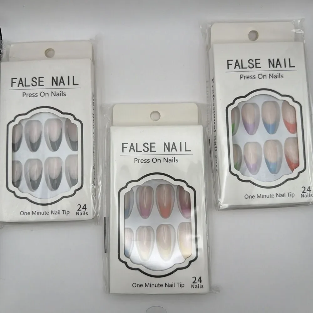 3 Sets 72 Press On Nails French Tip Almond Black Colorful Fake Nails Manicure